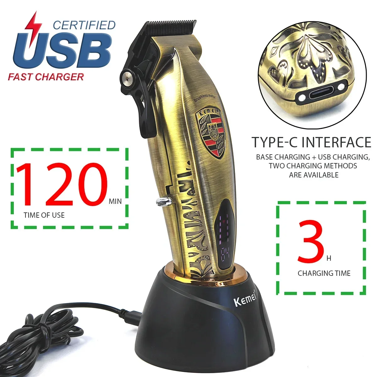 Kemei 2230 2236 All Metal Electric Barber Trimmer Brushless Motor 7500/7800RPM Barber Shop Salon Tool with Base Man Hari Clipper 3