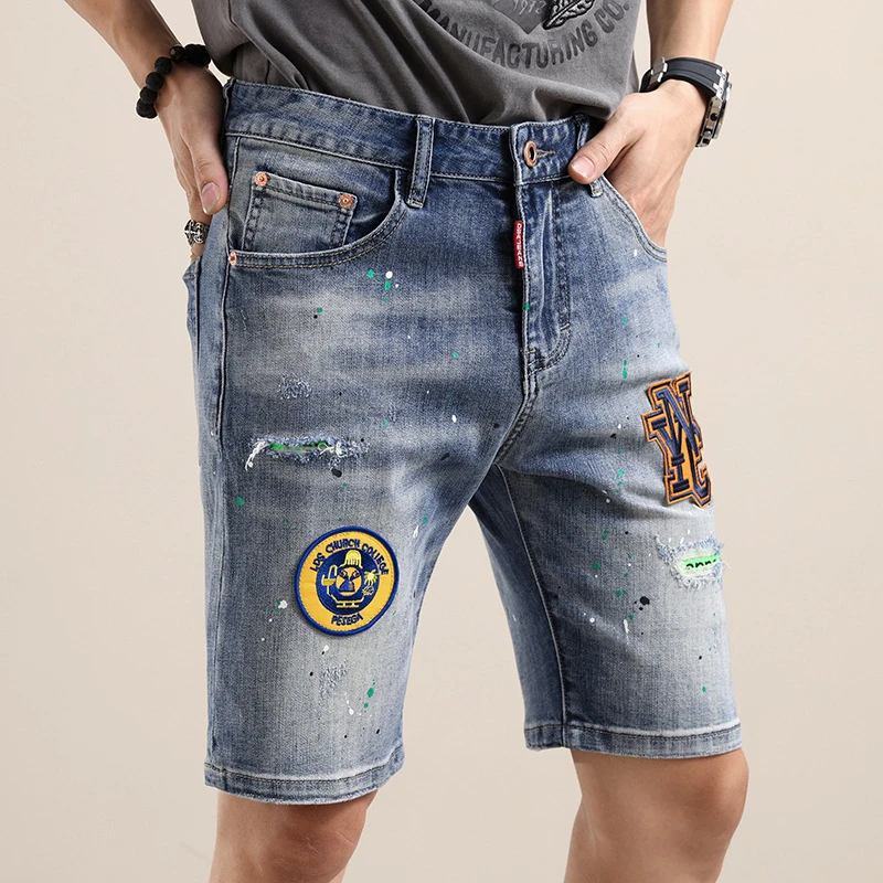 EH·MD® Denim Shorts Men's Summer Club Micro Chapter Stitching Embroidered Speckled Cotton Slim Fit Elastic Perforated Small Leg