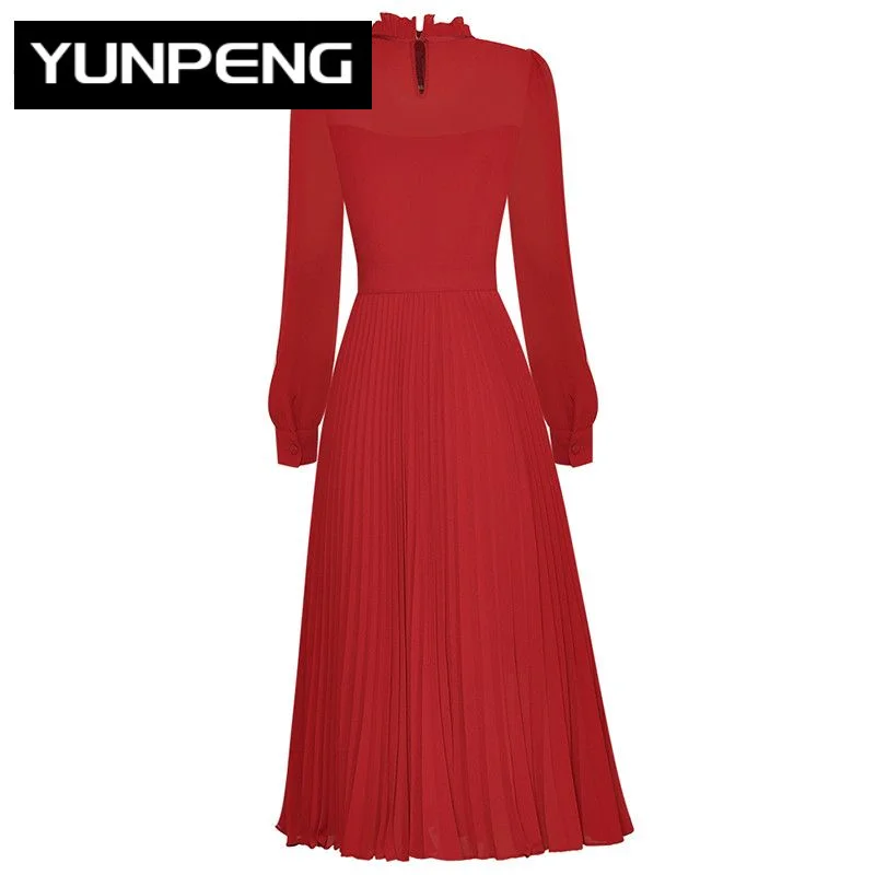 

Elegant Casual Women's Dresses 2023 Summer Runway Luxury Stand Colla Ruffles Long Sleeve High Waist Red Pleated Dresses