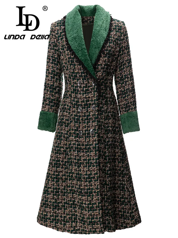 

LD LINDA DELLA Autumn and winter New Style Fashion knit Coat Women's Fur collar Double-Breasted Splice Plaid Loose Long Coat
