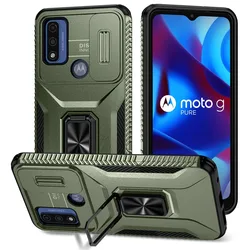 Heavy Duty Military Grade Ring Holder Case with Camera Lens Slide Cover for Moto G Power 2022 (MG)