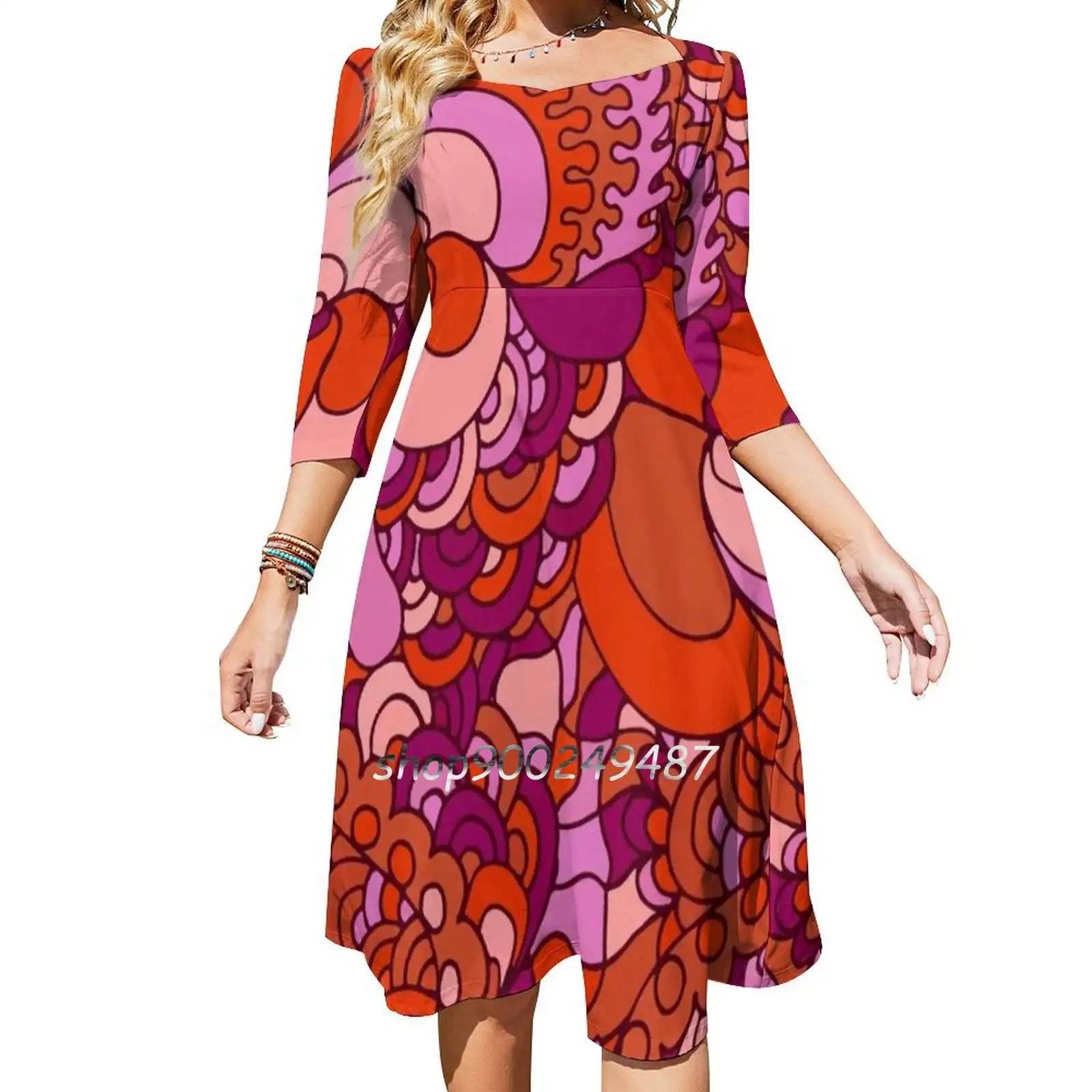 

60S Hippie Psychedelic Pattern Sweetheart Knot Flared Dress Fashion Design Large Size Loose Dress Abstract Bright Colorful