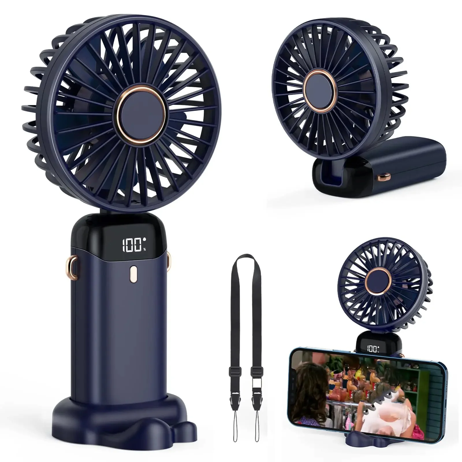 USB 휴대용 미니 선풍기 접이식 휴대용 목 걸이식 선풍기, 5 단 USB 충전식 선풍기, 전화 스탠드 및 디스플레이 화면 포함