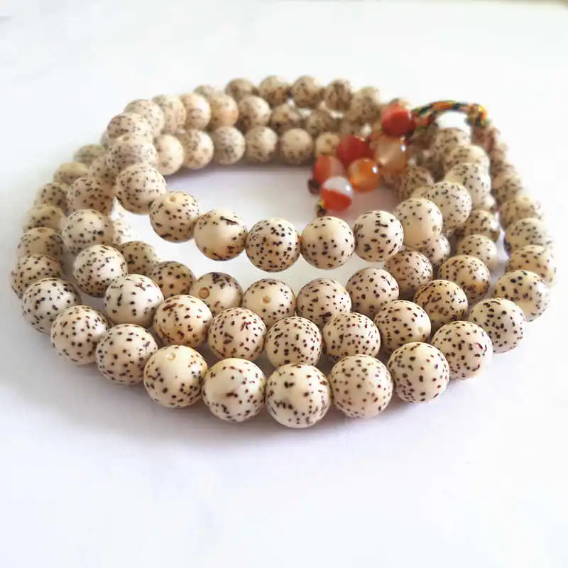 7mm Beige White Star Moon Bodhi Meditation Prayer Mala with Red Carnelian Ending Beads for Girls BRO935