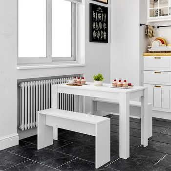 Haodirect Modern Dining Table and Bench Set 3 Piece Set for Small Space 4 Seater Particleboard Kitchen Dining Table Chair Set