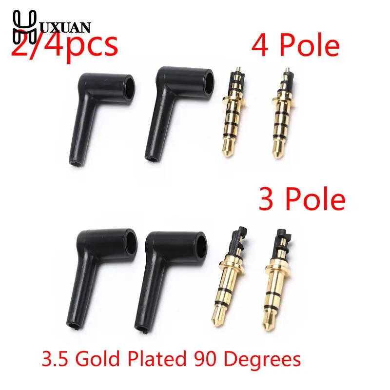 2/4pcs/lot 90 Degrees 3.5mm Stereo Headset Plug Jack 3 4 Pole 3.5 Gold