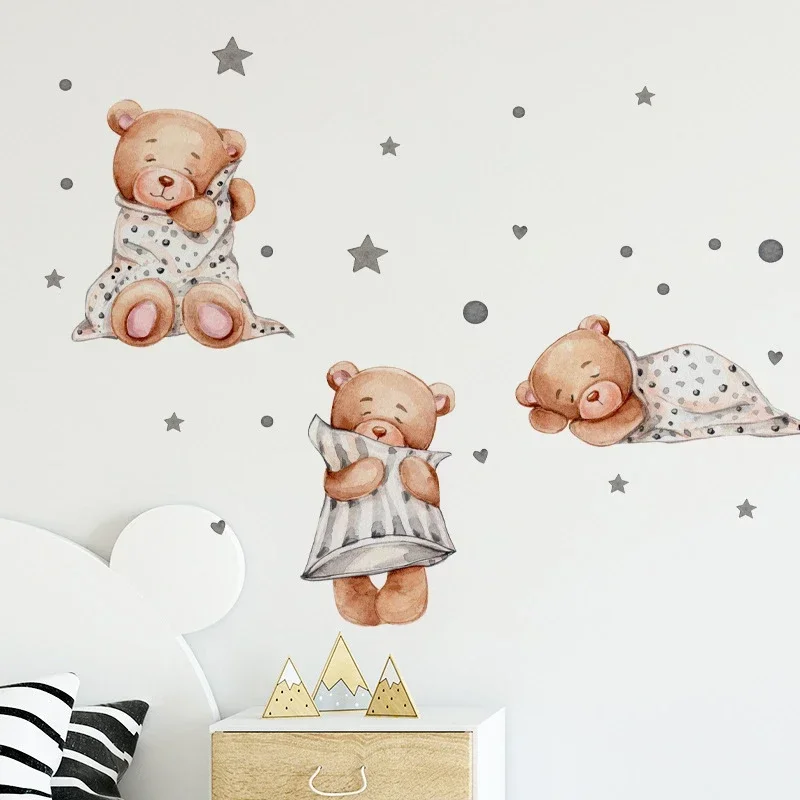 Cartoon Bear Good Night Kids Wall Stickers Baby Room Children Bedroom Wall Decals Clouds Moon Home Decoration Nursery Wallpaper