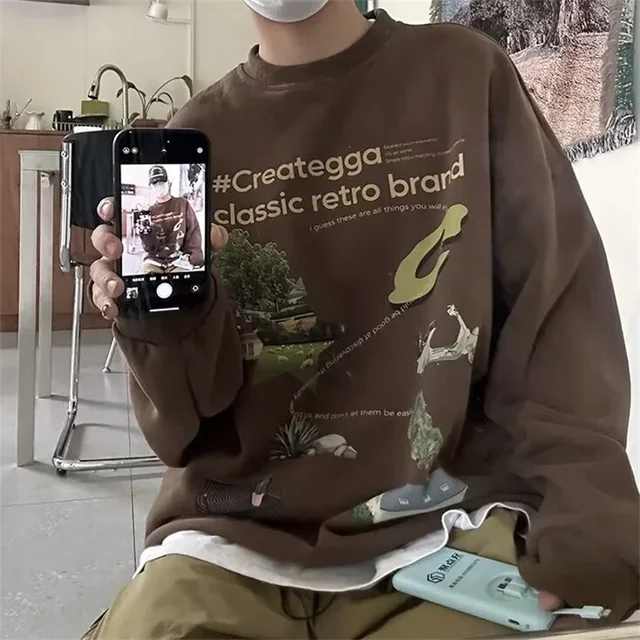 Autumn Y2K Vintage Grey Print Sweatshirts For Men 2024 New Oversized Crewneck Pullover Hoodies High Street Sudaredaras Hombre 1