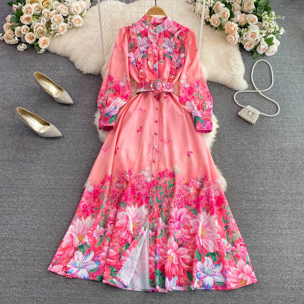 French Retro Romantic Print Chiffon Dress Women's 2024 Loose Slim