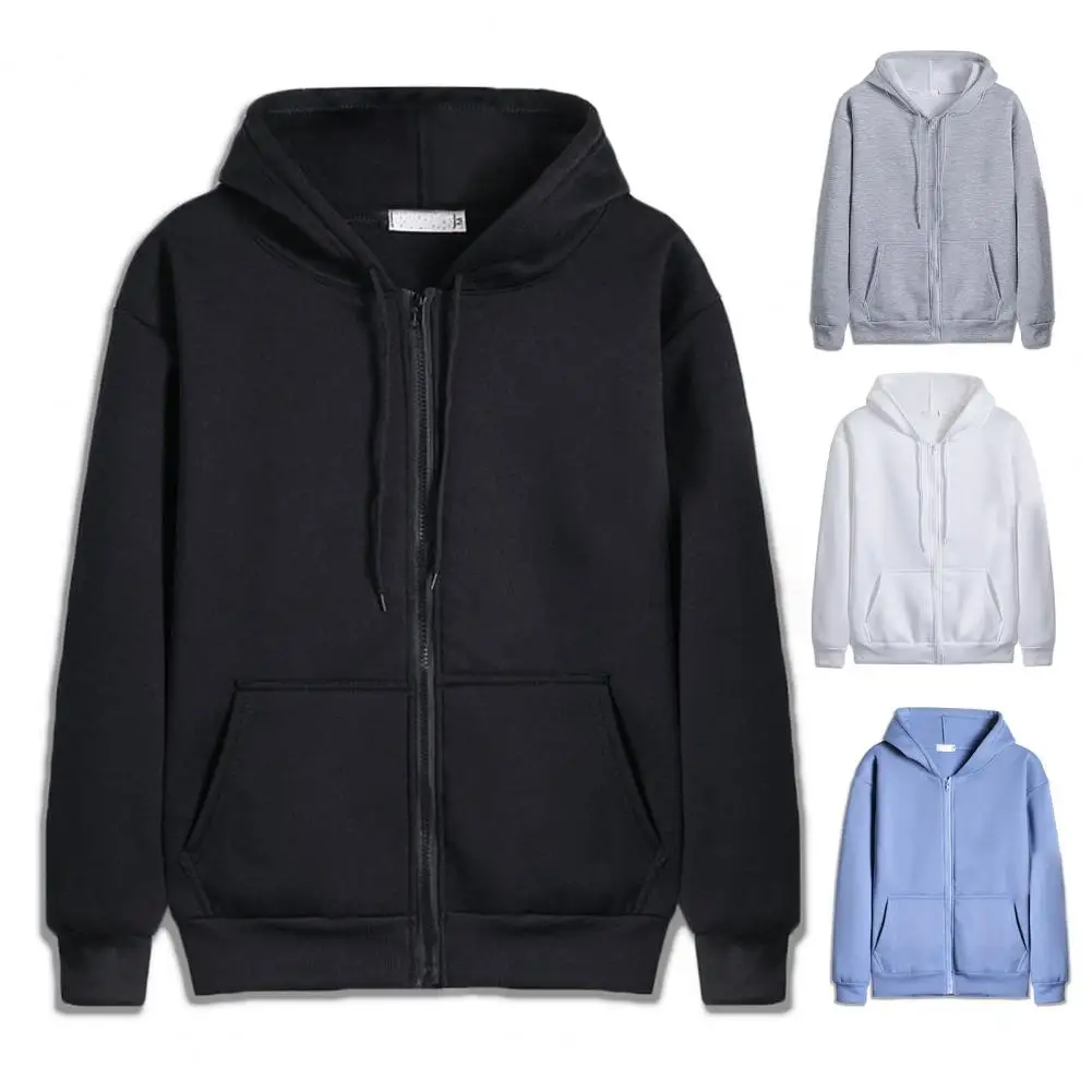 Fashion Solid Zipper Warm Fleece Hooded Casual Street Pocket Hoody