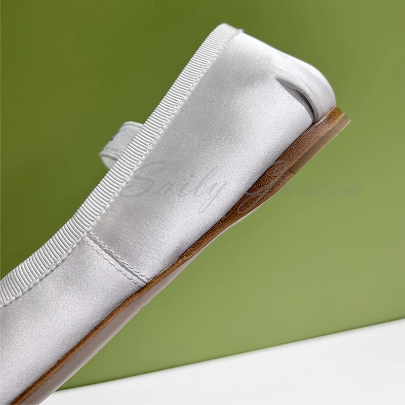 Bow Tie Flat Bottom Ballet Single Shoes Women's Pink Silk Round Toe Shallow Slip On Comfortable Solid Color Female Dress Shoes