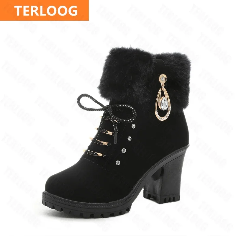 New Winter Women High Heels Shoes Warm Non-slip Block Cow Suede Warm Snow Boots Fashion Designer Crystal Plush Goth Botas