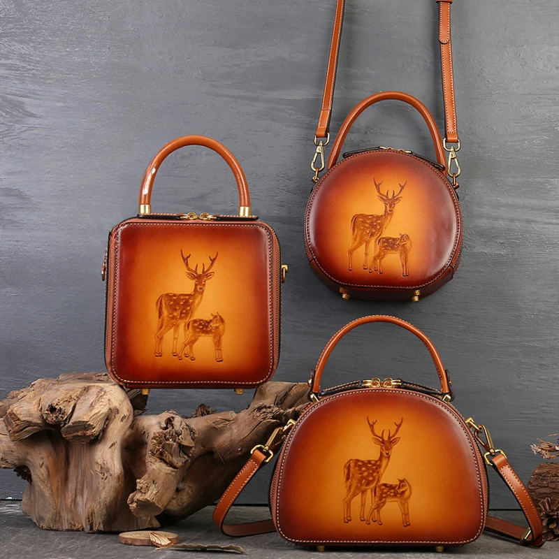 Deer embossed leather handbag first layer cowhide retro slung Women's bag luxury bag woman