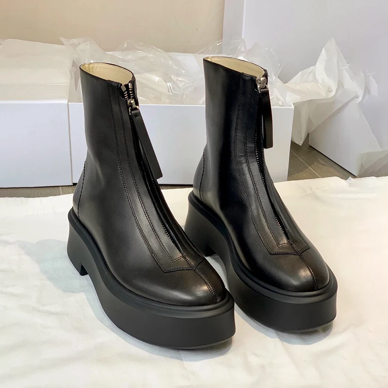 High quality Dermis Thick sole Short boots Women Front zipper Ankle high boots Flat Sloping heel shoes Casual Womens boots 1