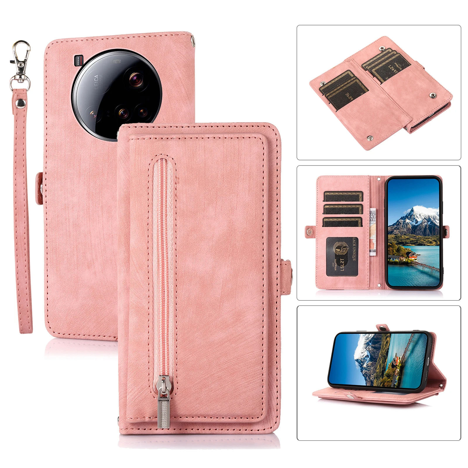 Leather Lanyard Wallet Case with Strap and Card Holder