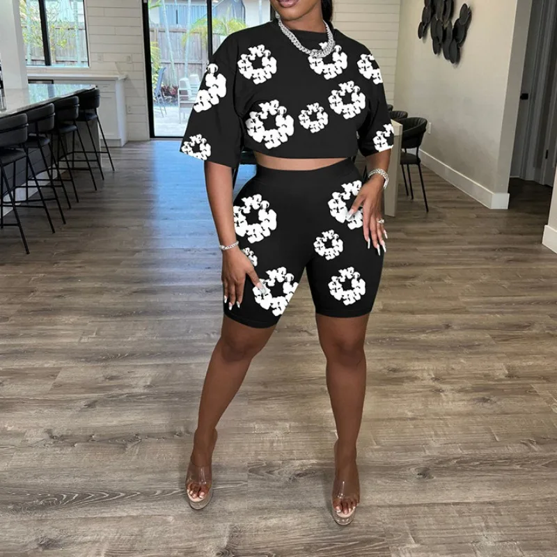 Women's Summer Printed Round Neck Short Sleeve Crop Top & Shorts Set Temperament Commuting Female Fashion Short Pants Outfits