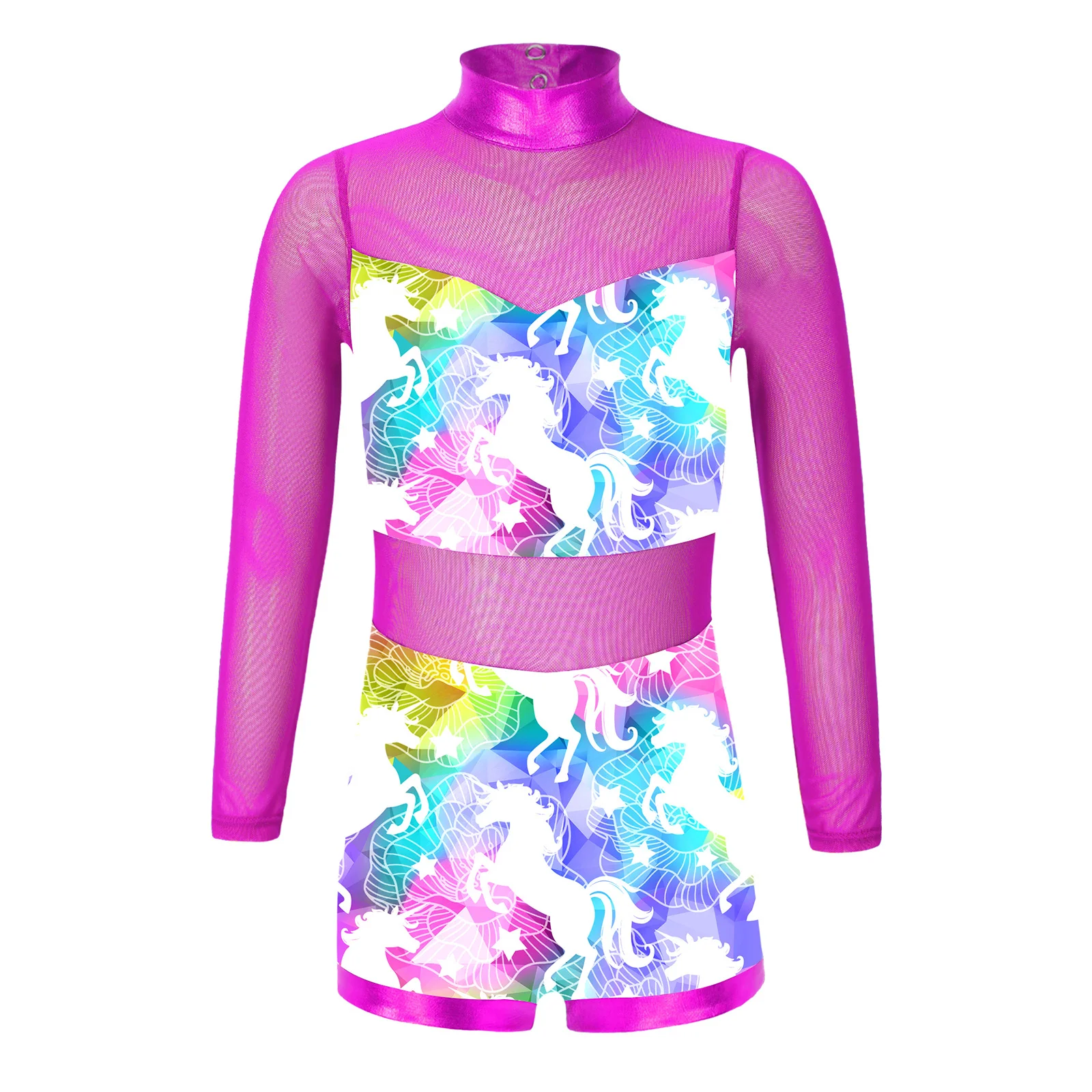 Toddler Girls Dance Leotard Costumes Gymnastics Dancewear Stage Performance See-through Sheer Mesh Long Sleeve Bodysuit Jumpsuit