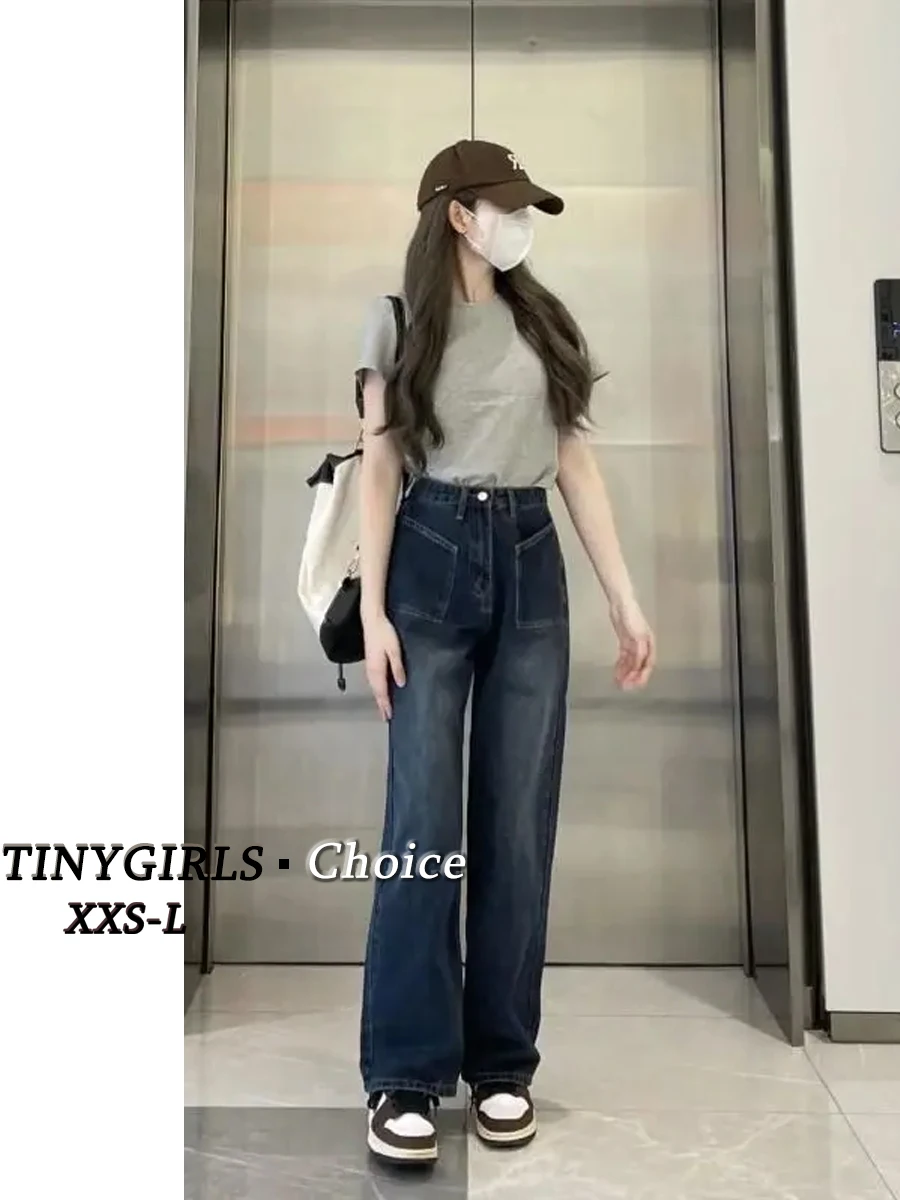 

XS Size Appear Thin 150cm Petite Girls Vintage American Style Jeans Pear Shaped Figure High Waisted Straight Legged Full Leng