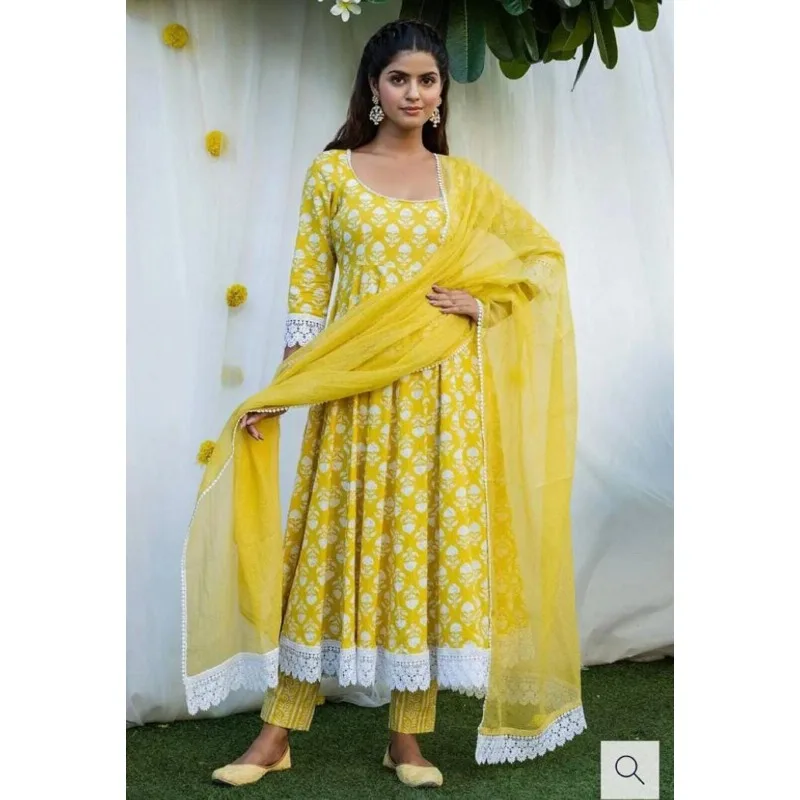 

Yellow Color Printed Work Women Kurti Pant Dupatta Indian Anarkali Salwar Kameez