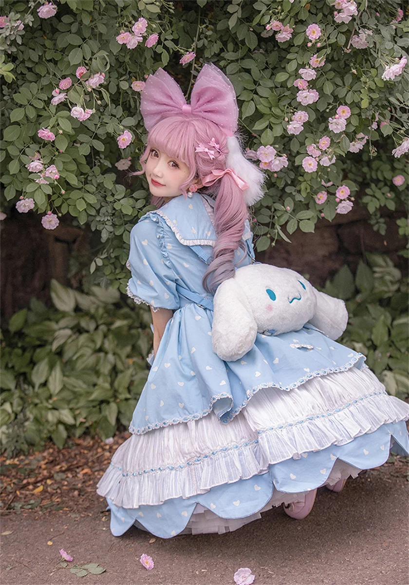 Japanese Style Kawaii Girls Cosplay Lolita OP Sweet Loli Doll Collar Love  Polka Dot Lace Ruffled Puff Sleeves Ribbon Bow Dress