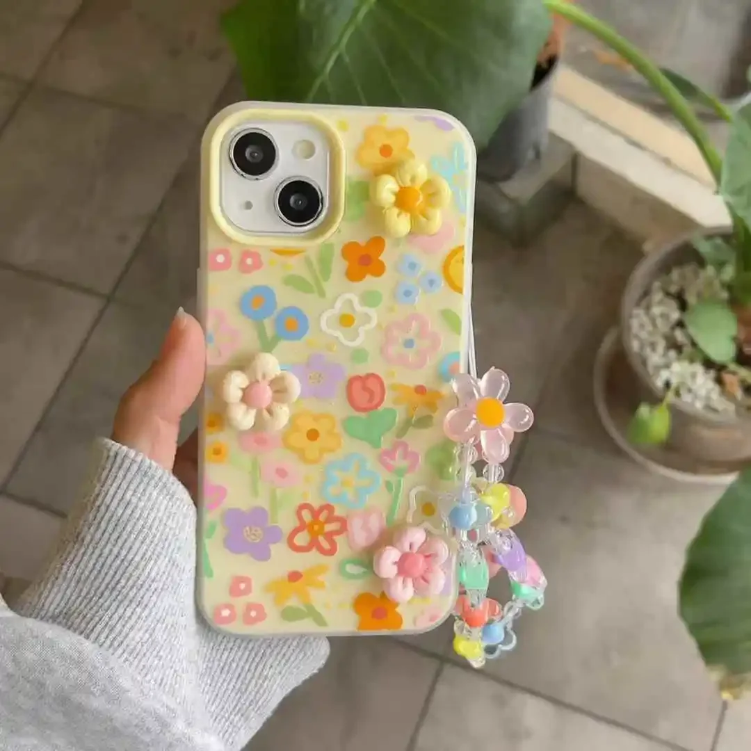 Oil Painting Flower Design Phone Case with Lanyard - Shockproof Soft Cover