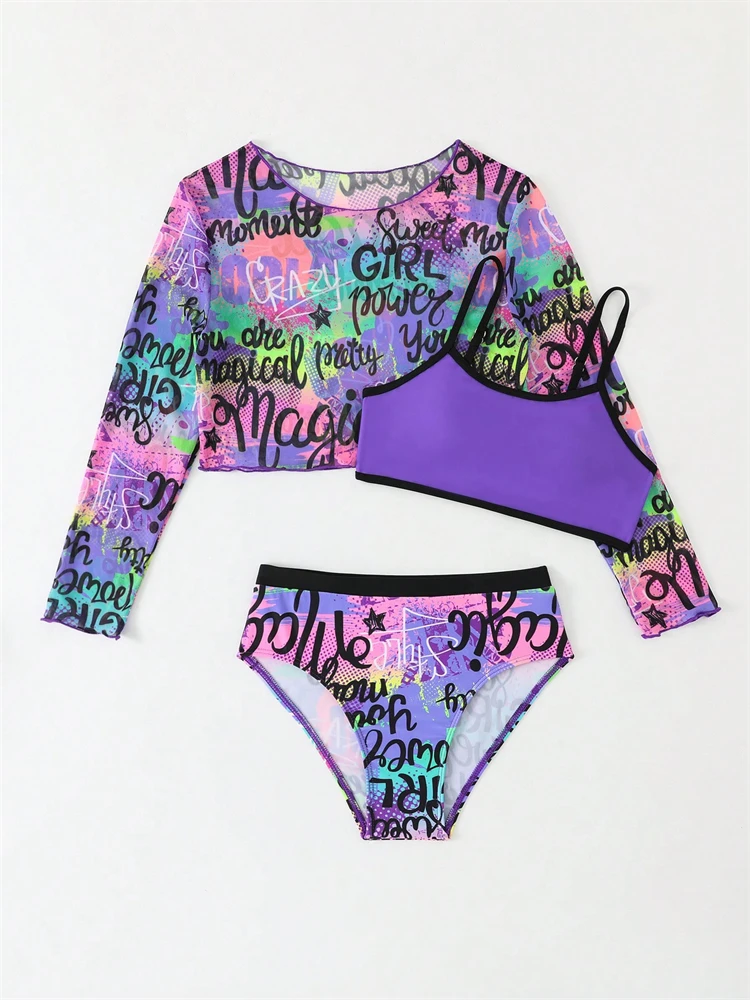 Kids Girls Swimsuit Sling Mesh Long Sleeve Children Bikinis Set Swimwear Summer Beach Bathing Suit