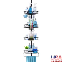 Adjustable 4 Tier Corner Shower Caddy Tension Pole Rustproof Floor Standing Bath Organizer with Towel Rack and Hanging Loops 1