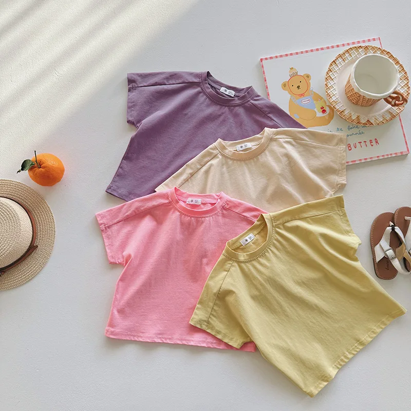 XTY-ChildrenTT-shirt2024Spring Boys and Girls Short Sleeve Children's round Neck Casual Loose Top Japanese Style Top