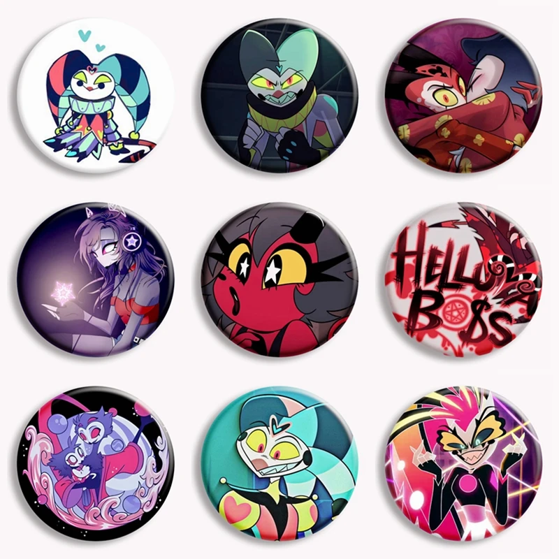 

58mm Helluva Boss Robo Fizz Loona Button Pin Creative Cute Fizzarolli Mildred Art Brooch Funny Badge Bag Hat Decor Fans Gift