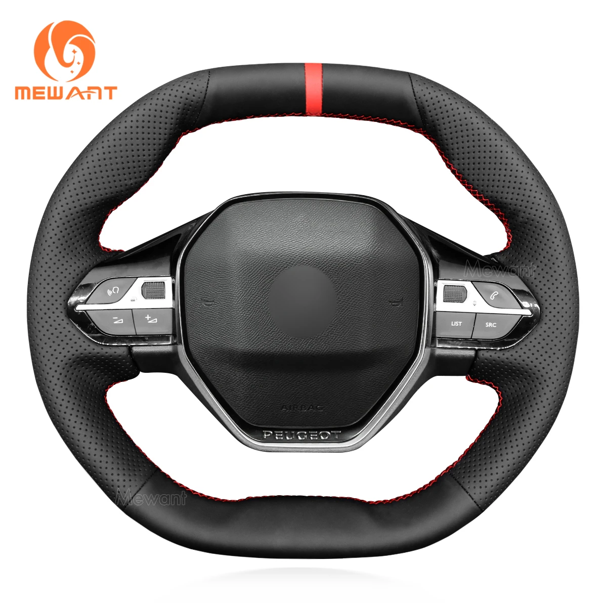 MEWANT Black PU Leather Hand-Stitched Steering Wheel Cover for Peugeot 208 308 SW 2008 3008 508 SW 5008 Partner Rifter 2016-2022