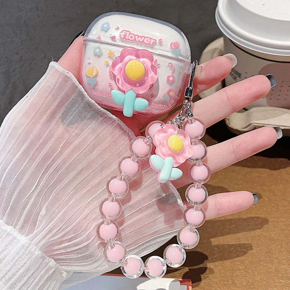 Korean Floral Soft TPU Clear Protective Earphone Case with Beaded Bracelet Pendant
