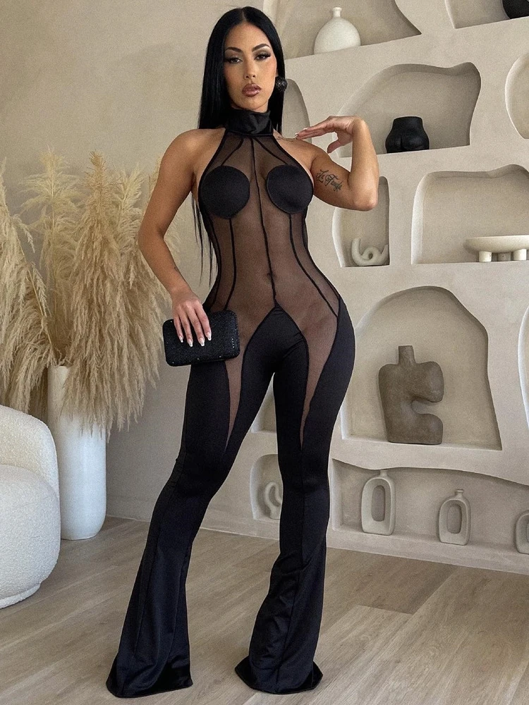 

HAOYUAN Mesh Sheer Splicing Jumpsuits Black One Pieces Baddie Outfits for Women Night Club Wear 2023 Backless Lace Up Rompers