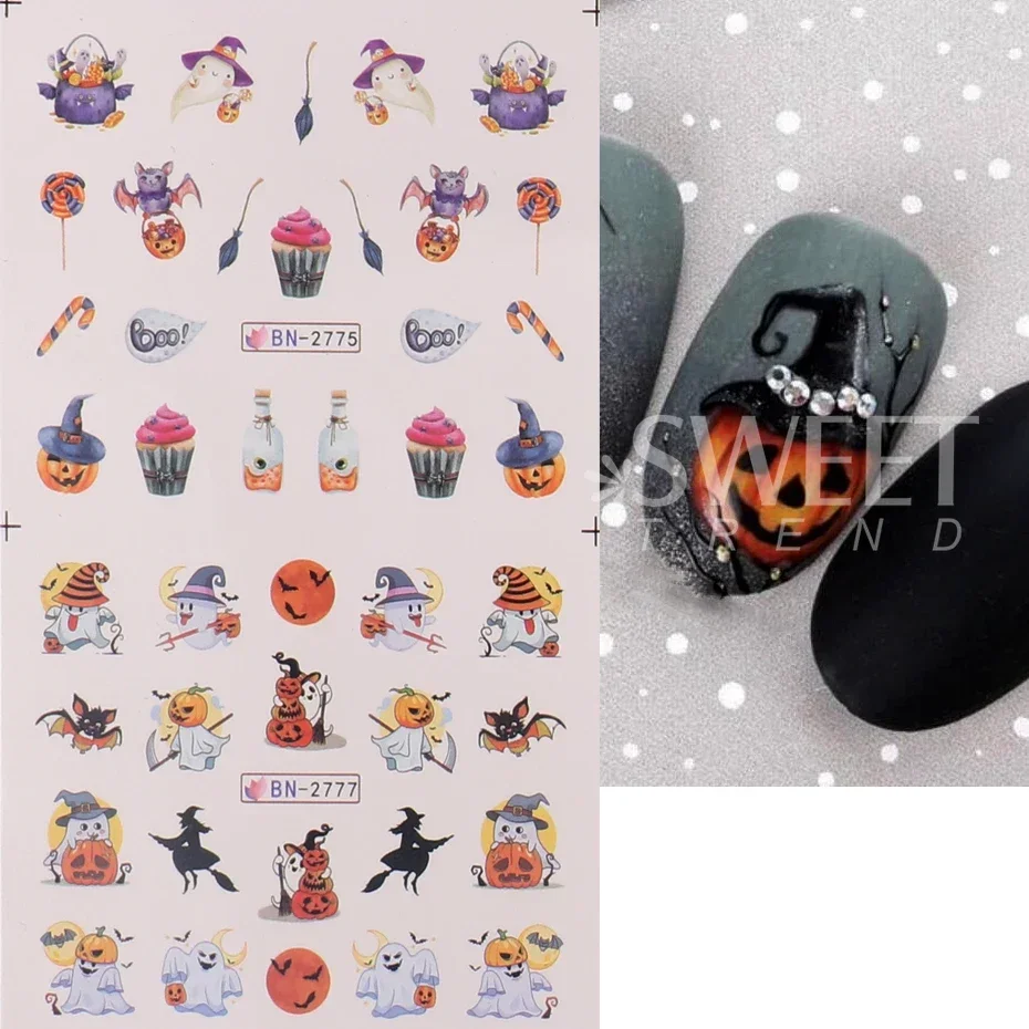 12pcs/set Halloween Spider Nail Stickers Water Decals Cute Holiday Cartoon Design Pumpkin Ghost Sliders for Manicure Decorations