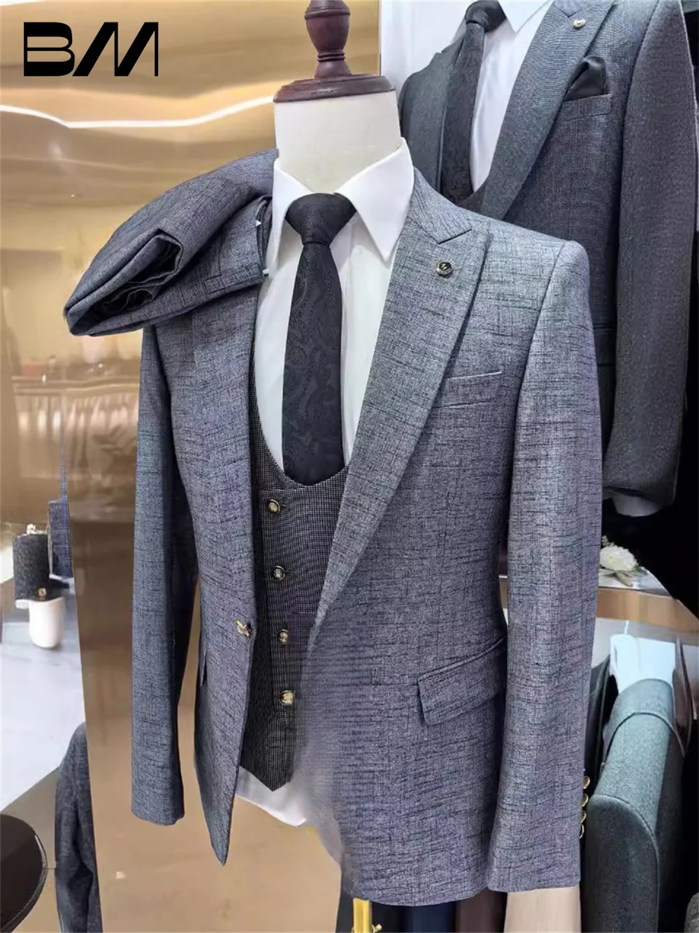 Classic Men's Suit set For Wedding Suit Formal Grey Office Suit Classic Solid Suit Handsome Host Party Suit Blazers Pant Vest
