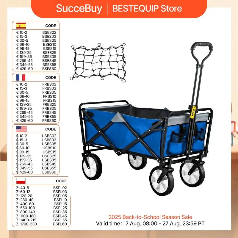 VEVOR Folding Wagon Cart Portable Outdoor Camping Beach Large Capacity Multifunction Adjustable Handle for Picnic Bbq Trolley