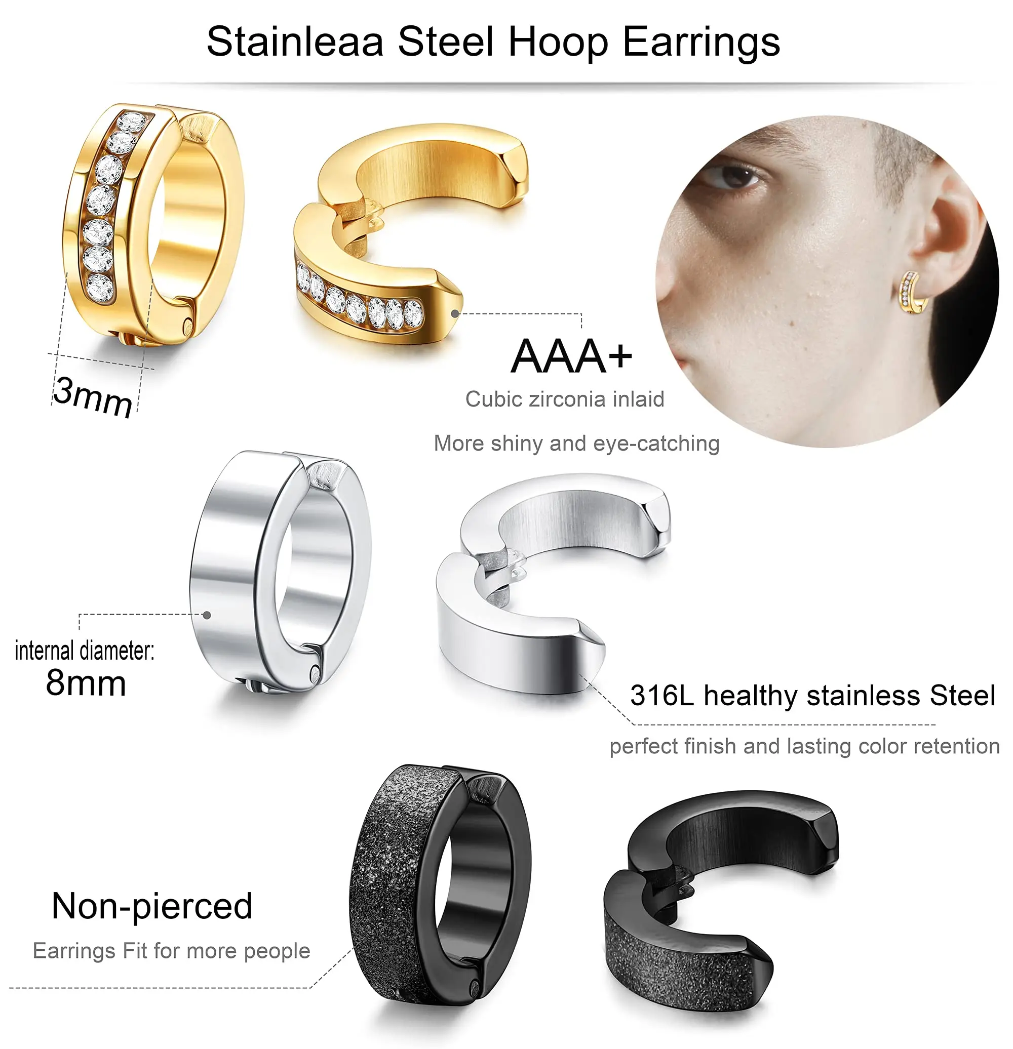 1 Pair/9 Pairs Non-Piercing Earrings Stainless Steel Clip On Hoop Earrings For Men Women Paved CZ Ear Clip Earrings Set 6