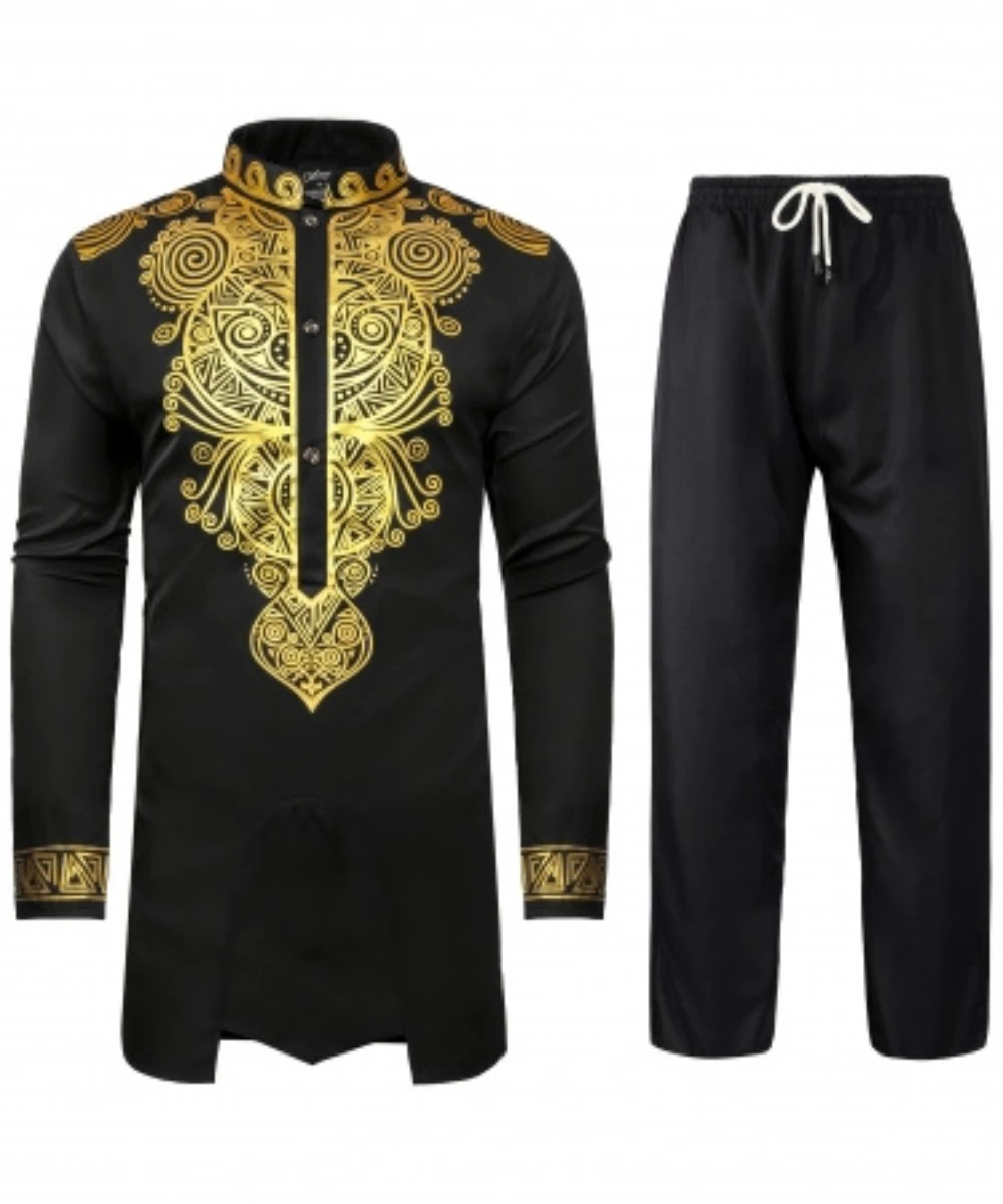 African Dress African Men Set Men African Two Piece Set Traditional Suit Long Sleeve Gold Print Shirt Pants Party Africa Summer Gentleman Ethnic Outfit
