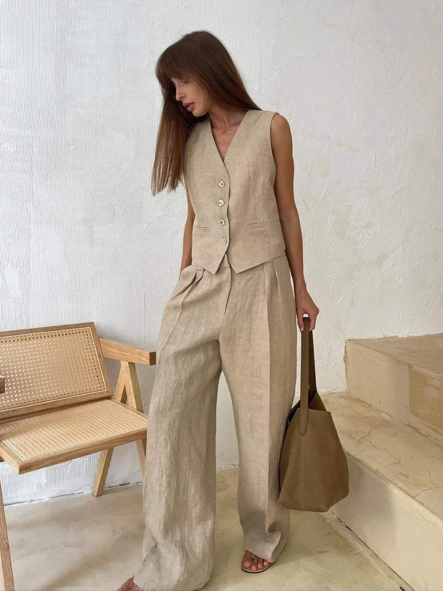 2024 Womem Linen Cotton Chic Vest ＆ Pants Suit Two-Piece Set Office Ladies Summer Chic 2 Piece Sets Womens Outfits