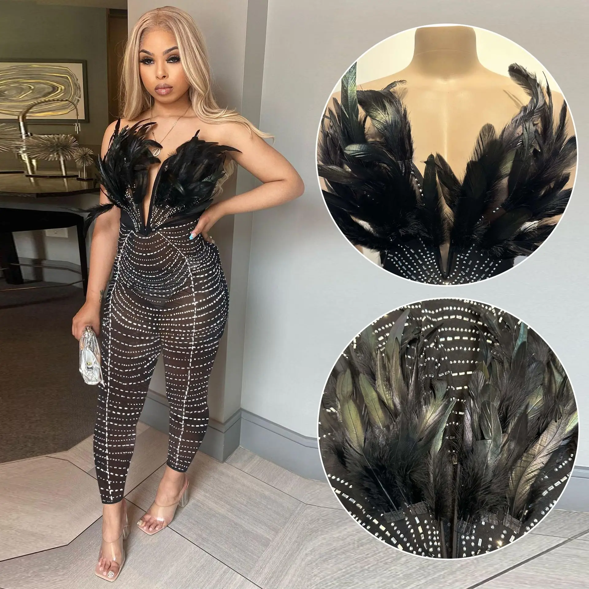 

Luxury Rhinestones Feathers Strapless Deep V-neck Mesh Black Jumpsuit for Women Birthday Party Nightclub Romper Overalls