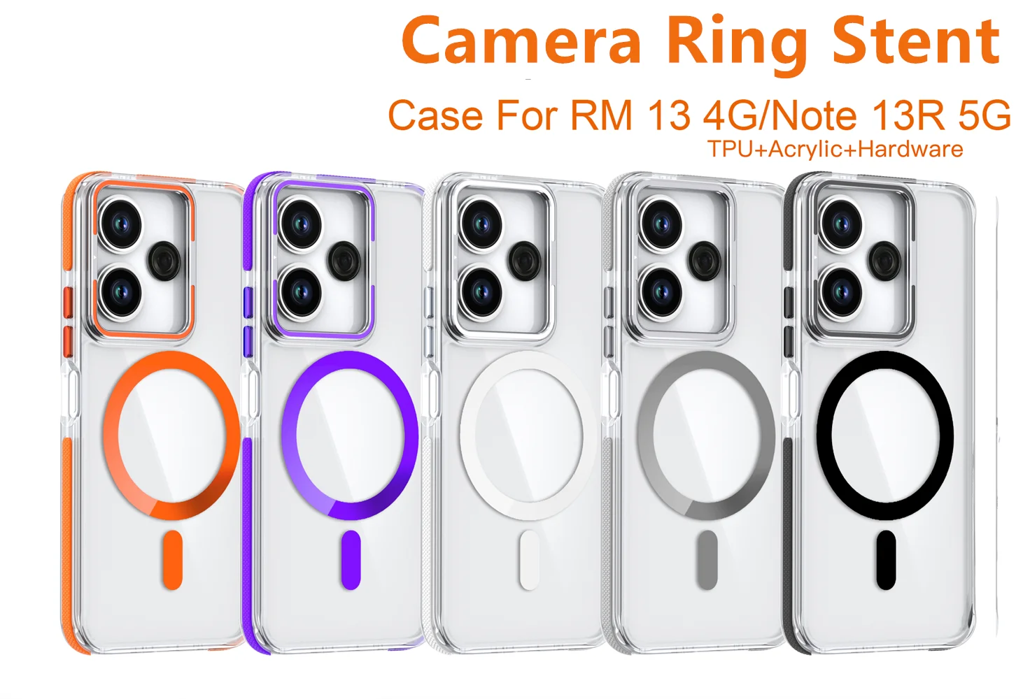 Estuche con soporte de anillo para cámara de grado militar para Redmi Note 13 Pro + cubierta de carga inalámbrica magnética de PC rígida transparente_voghion.com