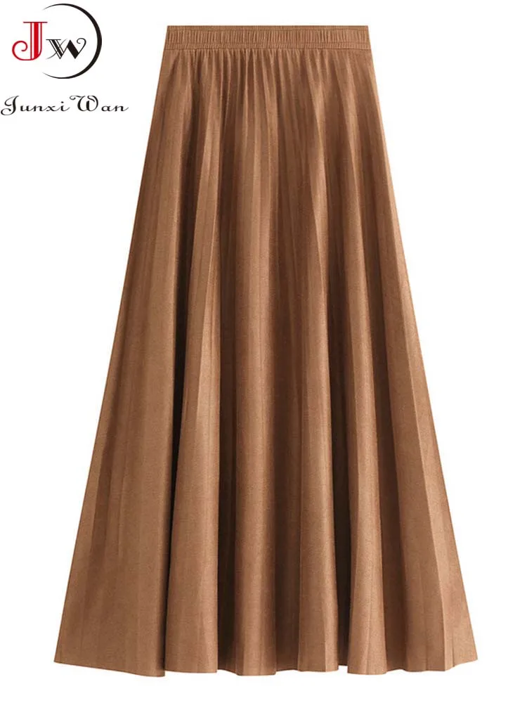 

Solid Corduroy Pleated Skirt Women Autumn Winter Elastic Waist Casual Mid-Length Elegant Vintage Skirt