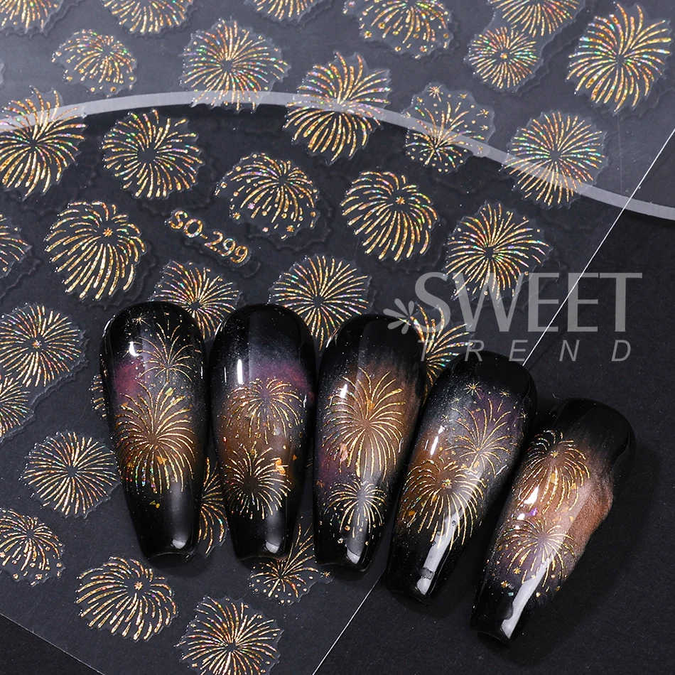 3pcs Sparkle Firework Nail Stickers Self Adhesive Laser Gold Silver Blooming Firework Design Nail Decals New Year Manicure Decor