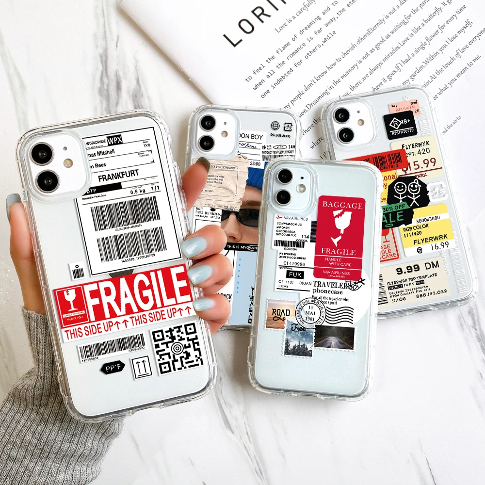 Casing Ponsel Label Stiker Rapuh untuk iPhone 13 Pro Max Casing iPhone 11 12 Pro Max Mini 6S 7 8 Plus Xr X Xs Max SE 2 Clear Funda