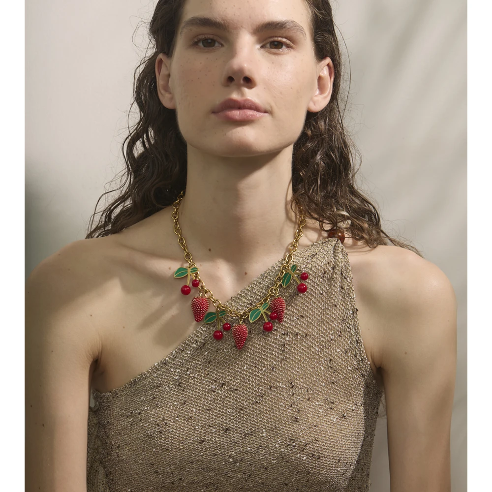 Yhpup 2025 Red Enamel Acrylic Cherry Strawberry Drop Necklace for Women