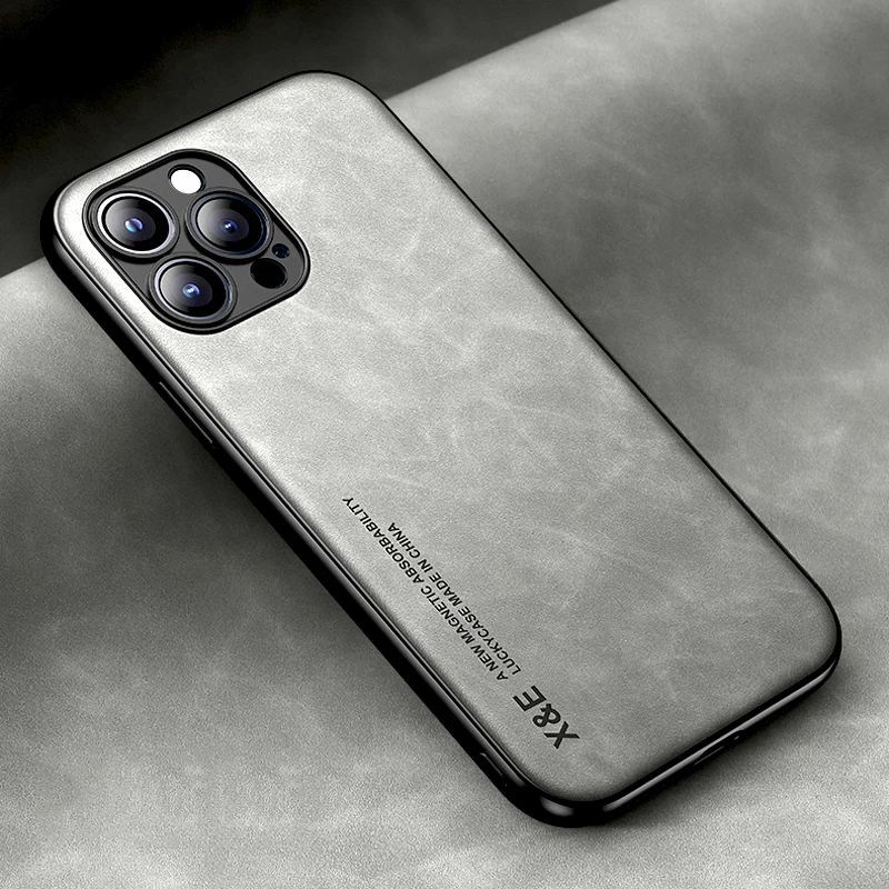 thumbnail image 1 of Luxury Leather Case For iPhone 15 14 13 12 11 Pro Max Mini XR XS Max 8 7 15 Plus SE 2020 Cover With Metal Plate Support Car Hold, 1 of 5