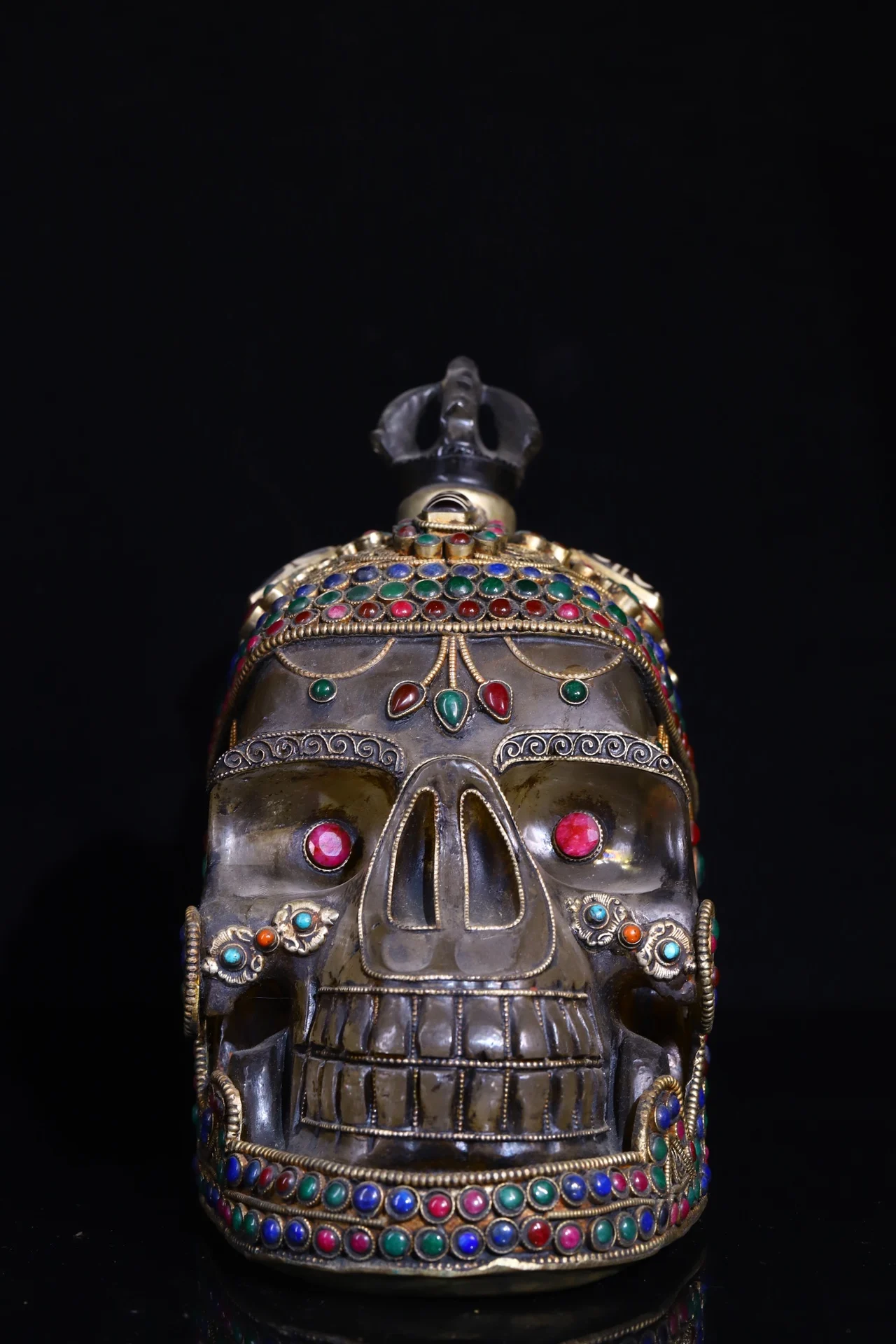 

9"Tibetan Temple Collection Old Natural Crystal Tibetan silver Mosaic Gem gZi Beads Skull Head Corpse Forest Worship Hall