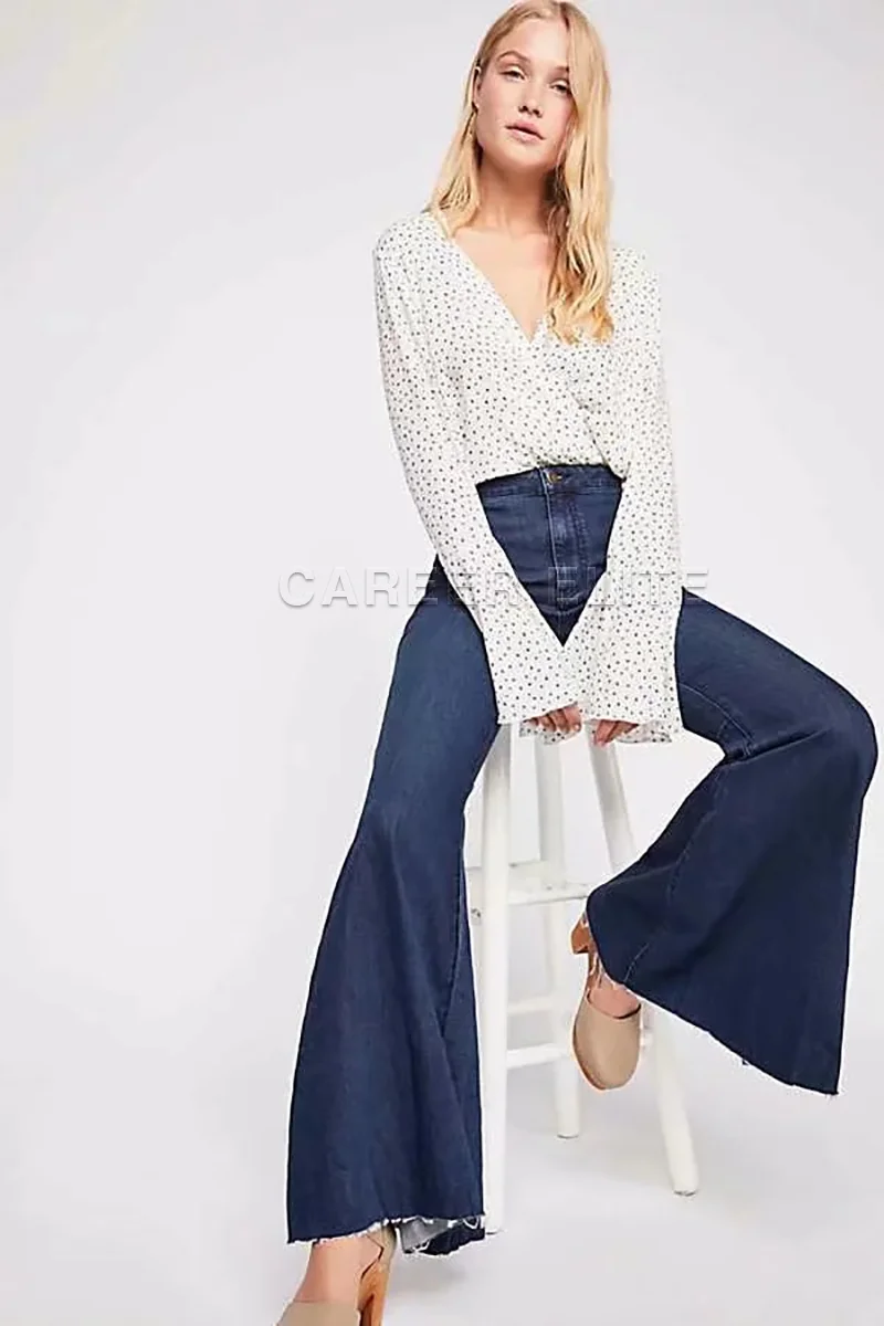 

Fashion Women's Big Flare Jeans Raw Edge Splicing High Waist Slimming Stretch Denim Pants Ladies' Full-Length Trousers