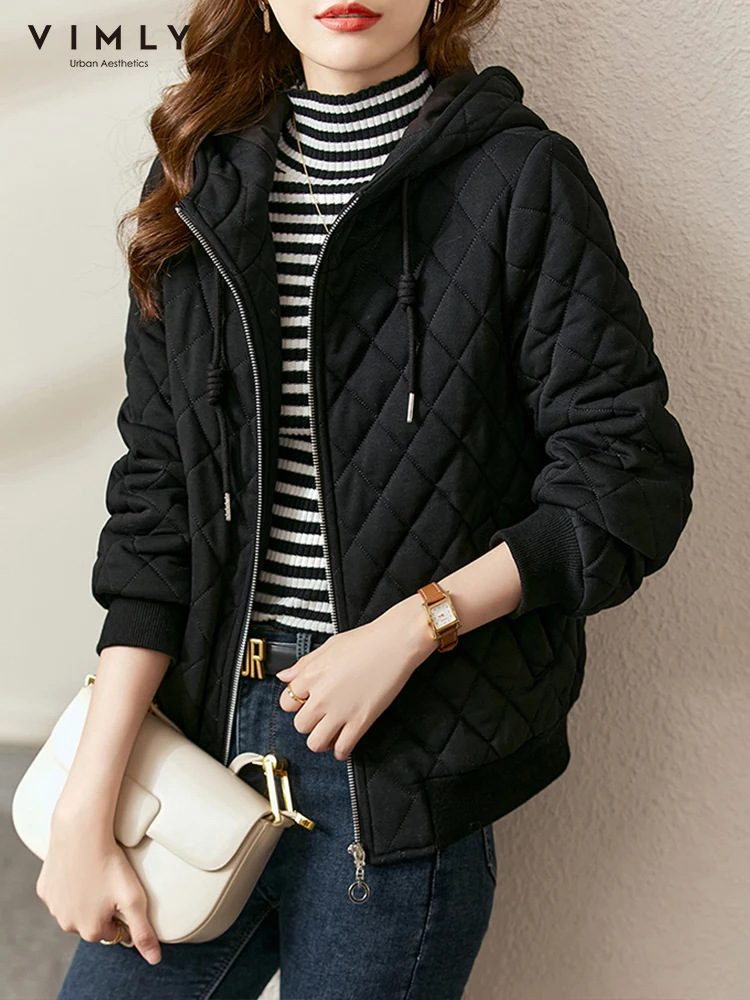 

Vimly Short Black Parkas Winter Padded Jacket Coat for Women Vintage Casual Thickened Warm Long Sleeve Hooded Quilted Coat V6870
