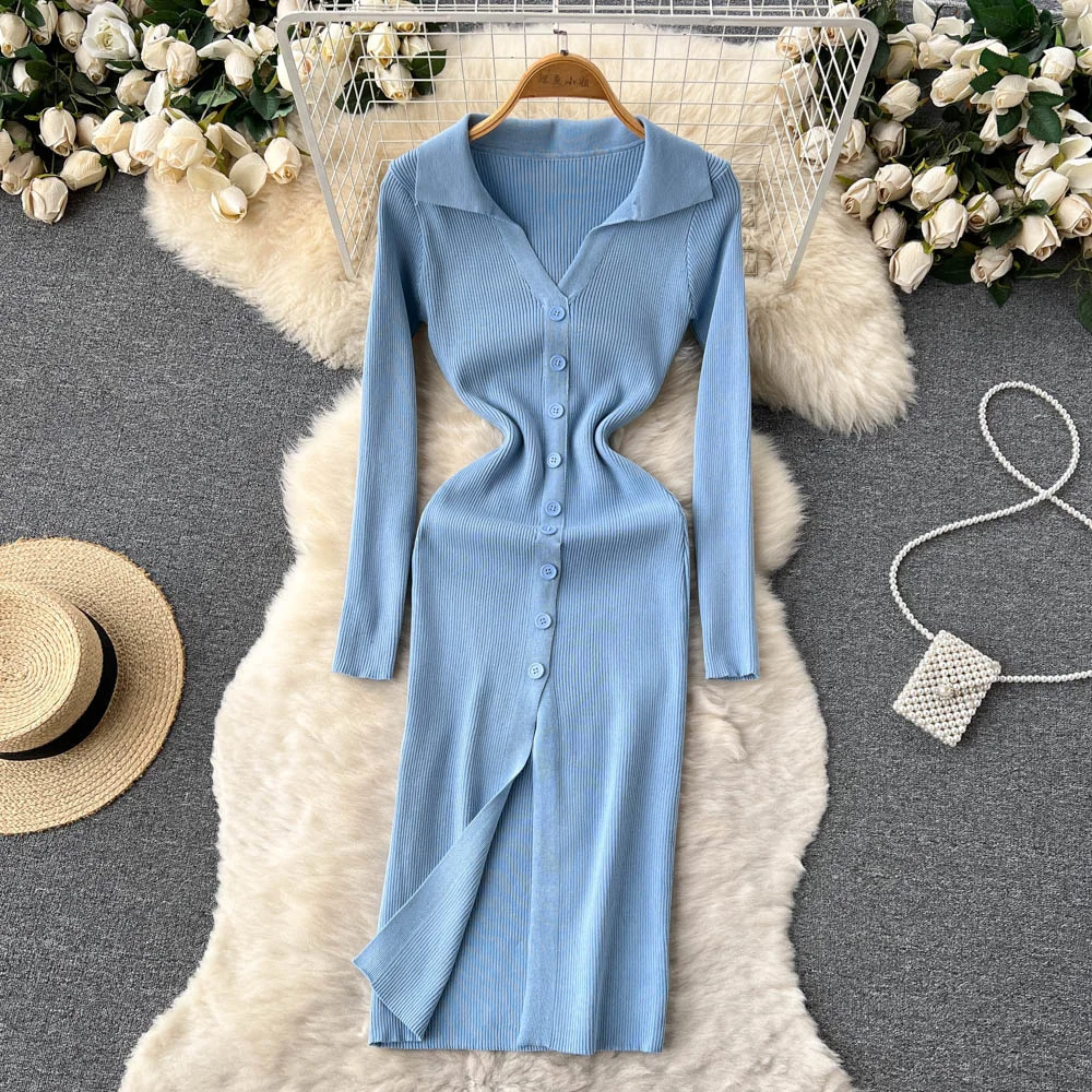 

Sweater Dress Foamlina Women Casual Autumn Winter Knitted Dress Sexy V-neck Slim Stretch Buttons Bodycon Midi Elegant Dress 2023