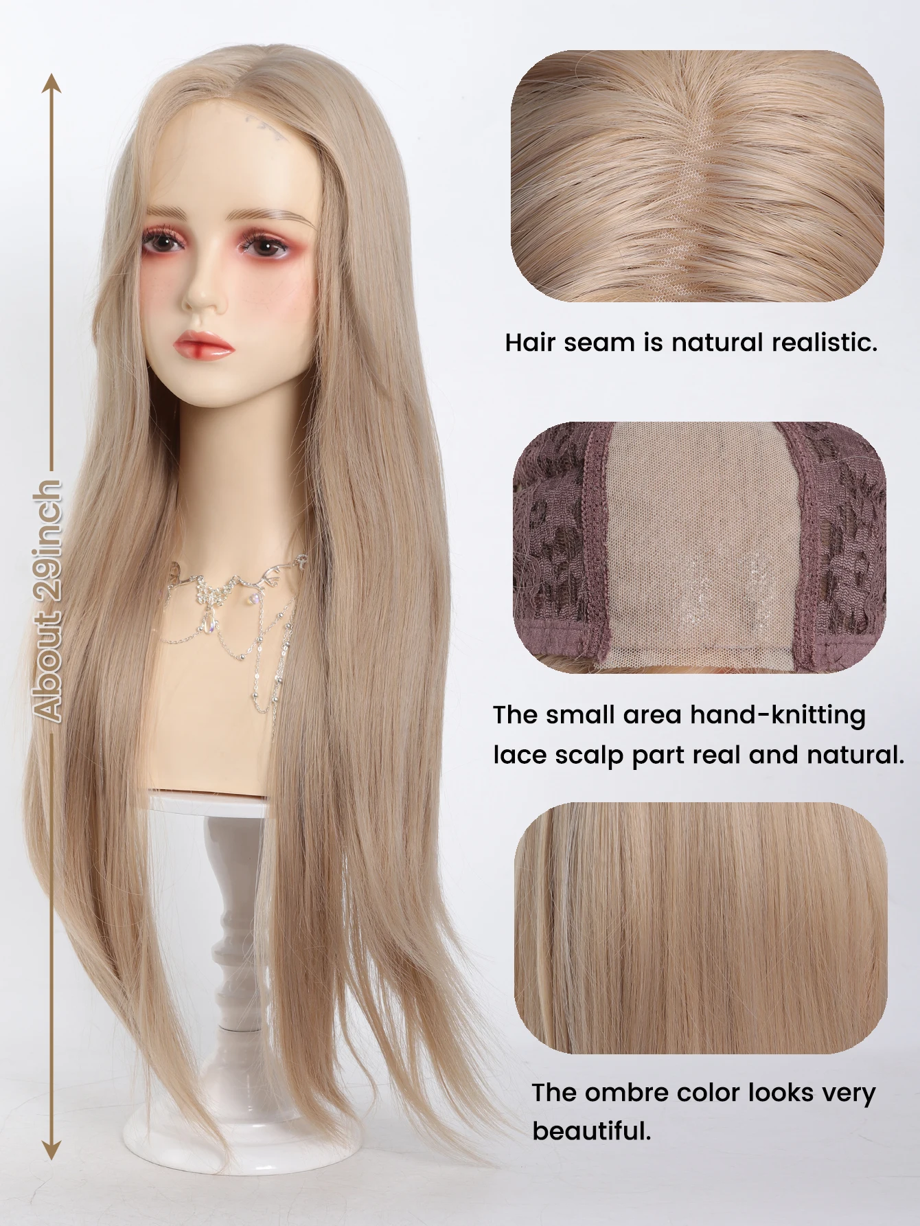 Synthetic Long Straight Wig with Bangs and Curly Ponytail